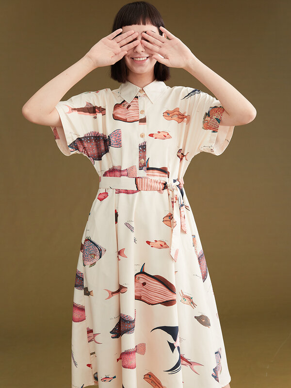 【بيوتيفو】 2023 التصميم الأصلي الصيف المرأة طويلة رائعة الأسماك طباعة فستان مع حزام