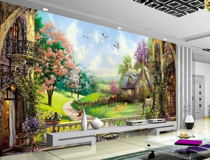 خلفيات لغرفة المعيشة ثلاثية الأبعاد غرفة نوم الأوروبية النفط اللوحة المشهد تخصيص 2019 جدارية خلفية