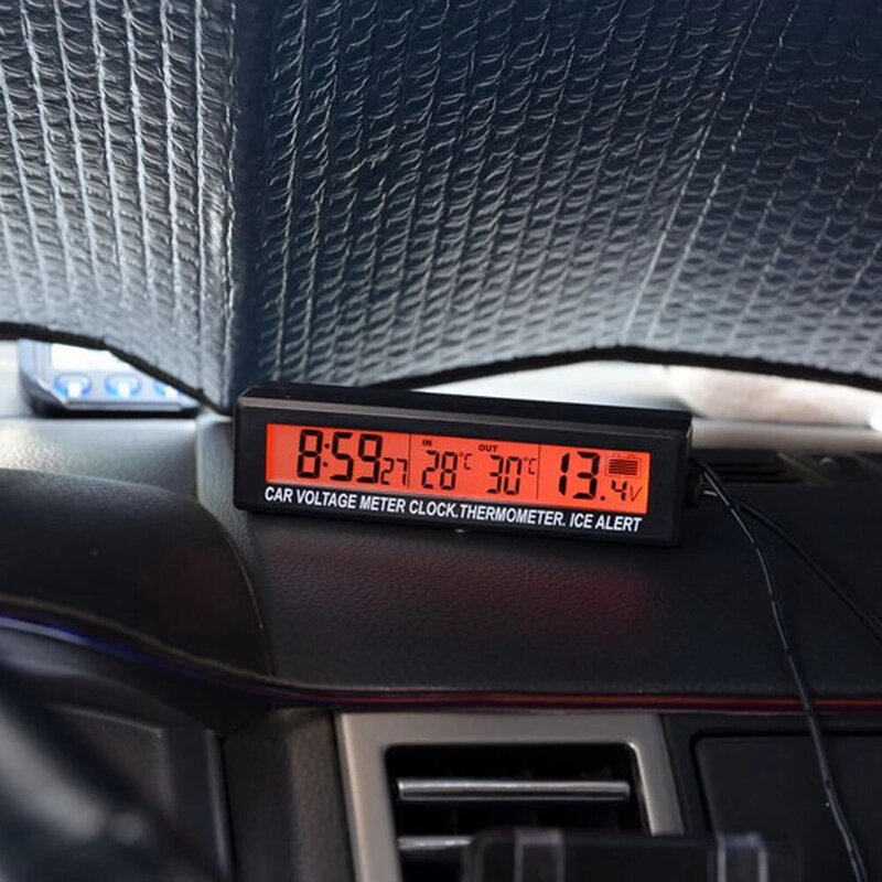 3 في 1 عالية الدقة ساعة رقمية داخل خارج درجة حرارة السيارة ميزان الحرارة بطارية الجهد رصد متر LED الخلفية