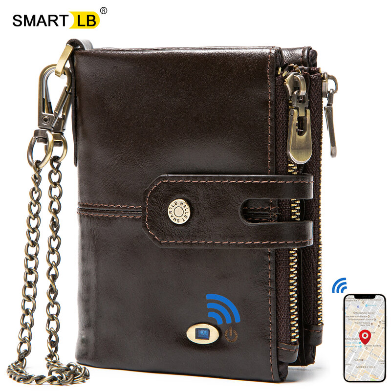 محفظة ذكية لمكافحة خسر بلوتوث-متوافق مع محافظ جلد أصلي للرجال مع عملة جيب سلسلة سحاب محفظة حامل بطاقة محفظة