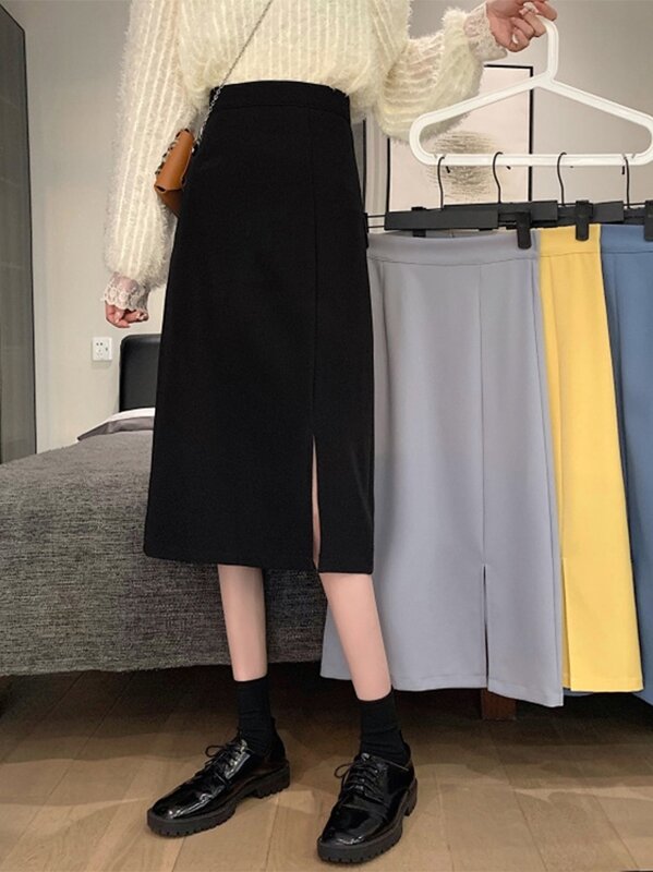 الربيع والخريف النسخة الكورية 2021 الجديدة عالية الخصر رقيقة انقسام طول حقيبة الورك تنورة سوداء المرأة تنورة الموضة