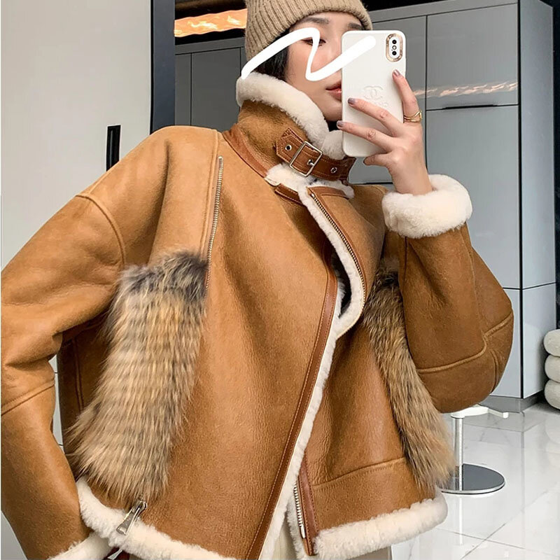 SHZQ موضة جديدة معطف جلد الغنم الطبيعي الحقيقي بدوره إلى أسفل طوق قصيرة طول الملابس مع حقيقية الثعلب الفراء جيوب سميكة الدافئة معاطف