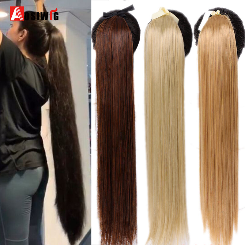 AOSIWIG Long Straight Clip in Ponytails Wig Synthetic Drawstring Wrap Hair Tail Natural Fake Hair Extensions Pony Tail hairpiece #1