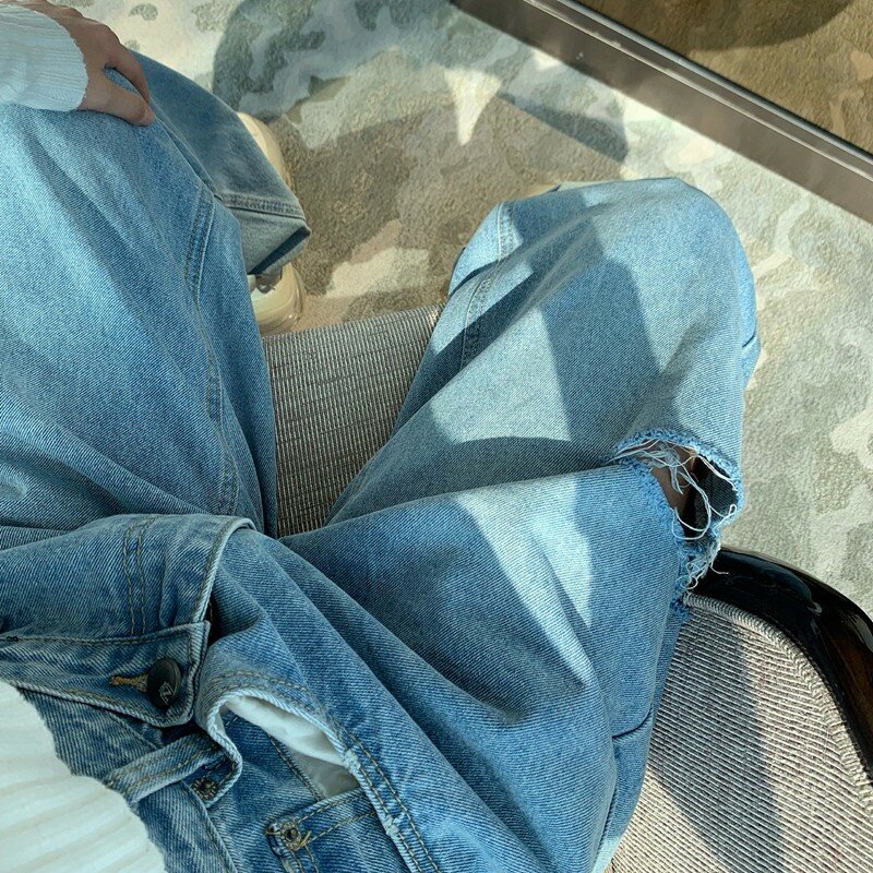 سراويل جينز Karrram غير متماثلة ذات فتحة مستقيمة على الخصر سراويل جينز نسائية فضفاضة 2021 غير رسمية بأرجل واسعة ملابس جينز أمي