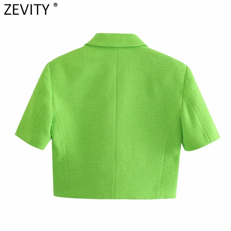 معطف نسائي قصير من Zevity بياقة مزدوجة الصدر محززة باللون الأخضر من التويد بأكمام قصيرة ملابس خارجية أنيقة CT724