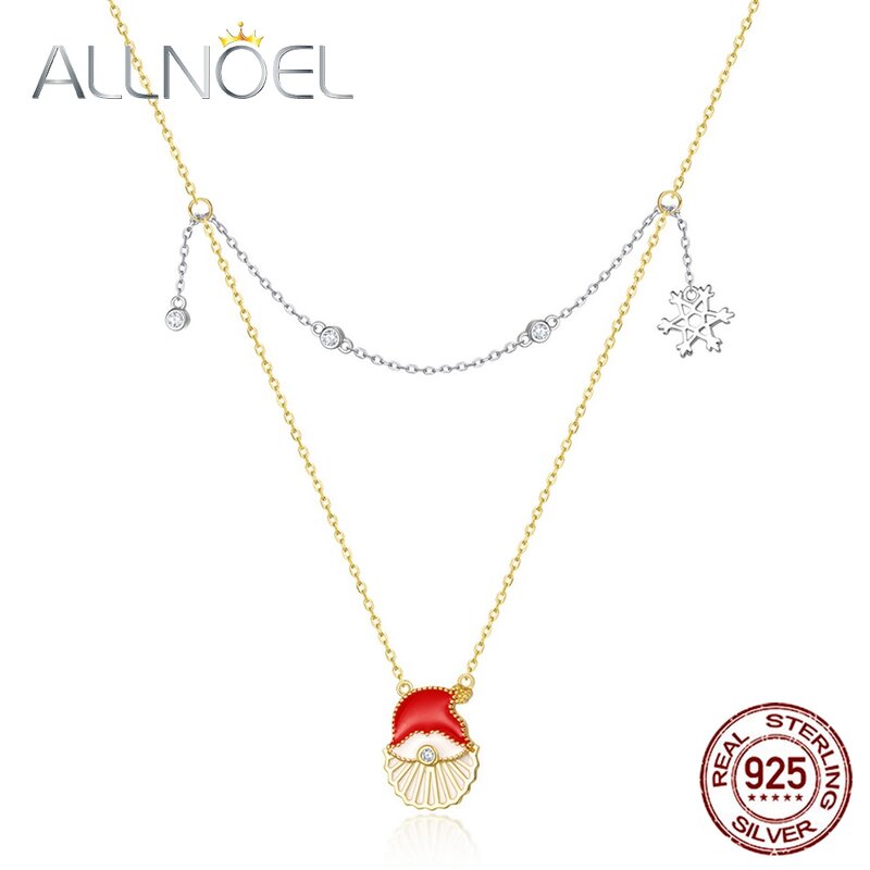ALLNOEL 925 فضة عيد الميلاد قلادة للنساء سانتا كلوز ندفة الثلج القلائد الذهب الحقيقي مطلي غرامة مجوهرات