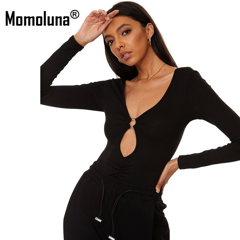 بدلة نسائية من Momoluna بتصميم على شكل حلقة أمامية بأكمام طويلة وفتحة رقبة شكل V بدلة قطعة واحدة رومبير