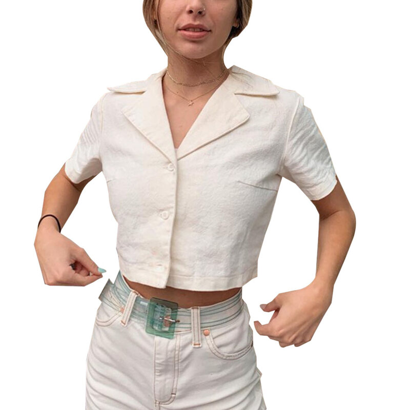 بلوزة قصيرة بياقة مطوية ، لون سادة ، عتيق ، بلوزة بيضاء عصرية للنساء ، 2020