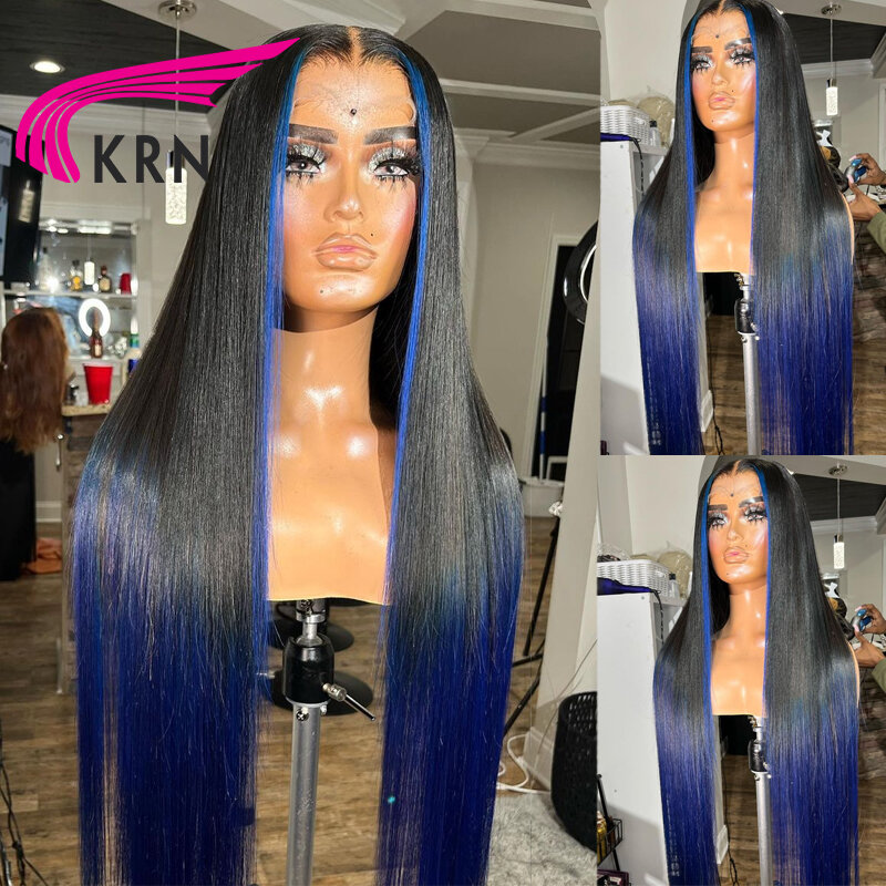 KRN أومبير اللون الأزرق 13x4 الدانتيل الجبهة الباروكات preplucted اللون الأزرق 180% الكثافة البرازيلي ريمي شعر طبيعي مفرود الباروكات للنساء