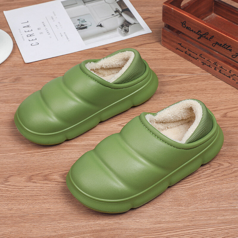 2021 New Men Slippers Home Winter Indoor Warm Shoes Thick Bottom Plush Waterproof Leather House Slippers Cotton Shoes Big Size