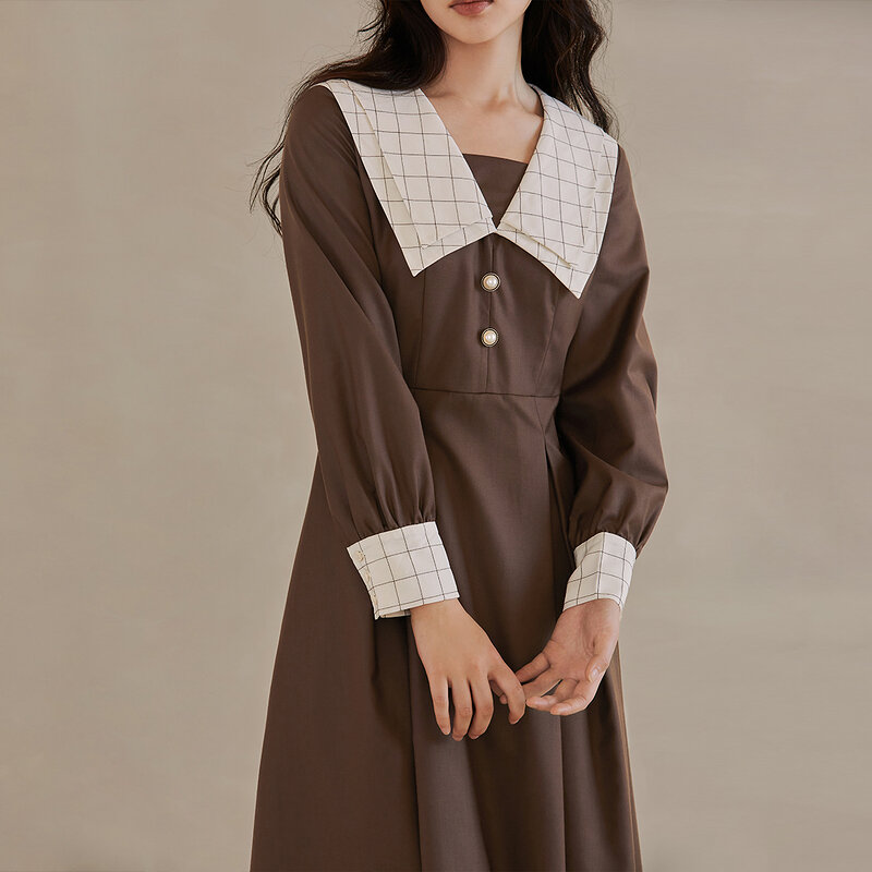 إنمان المرأة فستان الخريف الشتاء Vintage أنيقة منقوشة مزدوجة طبقة طوق أزرار الزخرفية ألف خط طويلة الأكمام قطعة واحدة