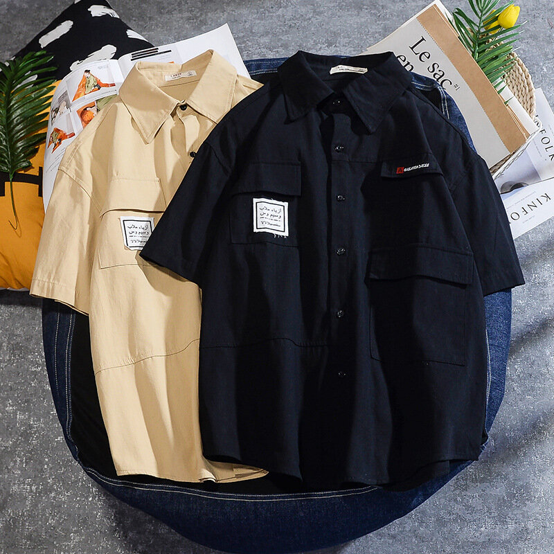 اليابانية الأدوات قصيرة الأكمام قميص الرجال 2021 الربيع و الصيف جديد الكاكي خمس نقاط كم قميص رقيقة سترة الرجال