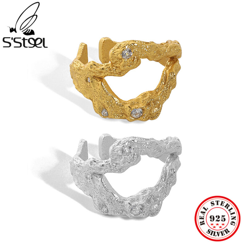 خواتم S'STEEL من الفضة الإسترليني عيار 925 بتصميم كوري غير منتظم مصنوعة من مادة الزركون والملمس للسيدات خاتم ذهبي مفتوح مجوهرات فاخرة عيار 2021