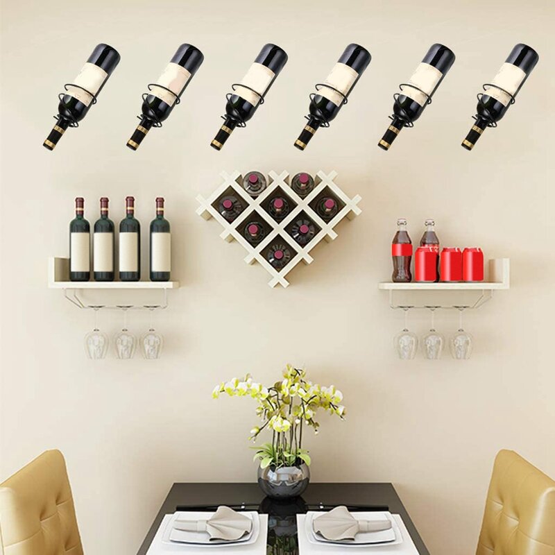 حزمة من 6 رفوف النبيذ المثبتة على الحائط-حامل عرض زجاجة نبيذ أحمر مع مسامير ، منظم رف النبيذ المعدنية المعلقة