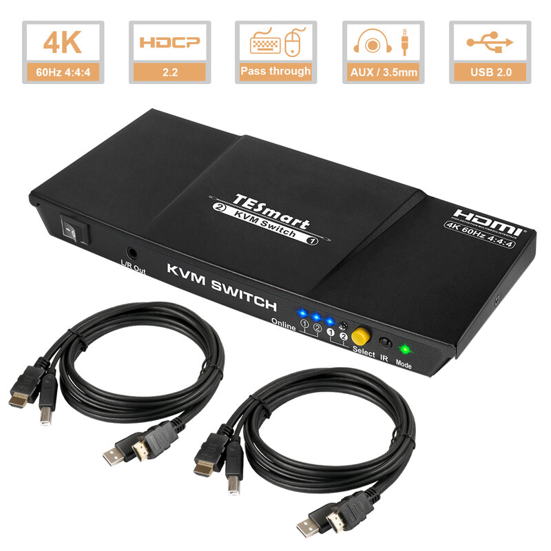 4K HDMI KVM التبديل 2 منافذ HDMI التبديل 2x1KVM التبديل 2 في 1 خارج دعم USB 2.0 الموانئ لوحة المفاتيح و الماوس