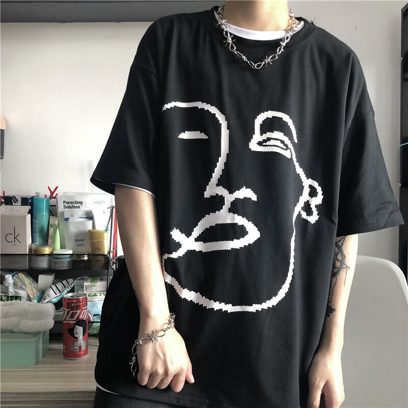 قميص Harajuku 2021 الإبداعي مطبوع على الوجه قميص صيفي للرجال بأكمام قصيرة وتصميم جرافيك ملابس بيضاء فضفاضة للجنسين