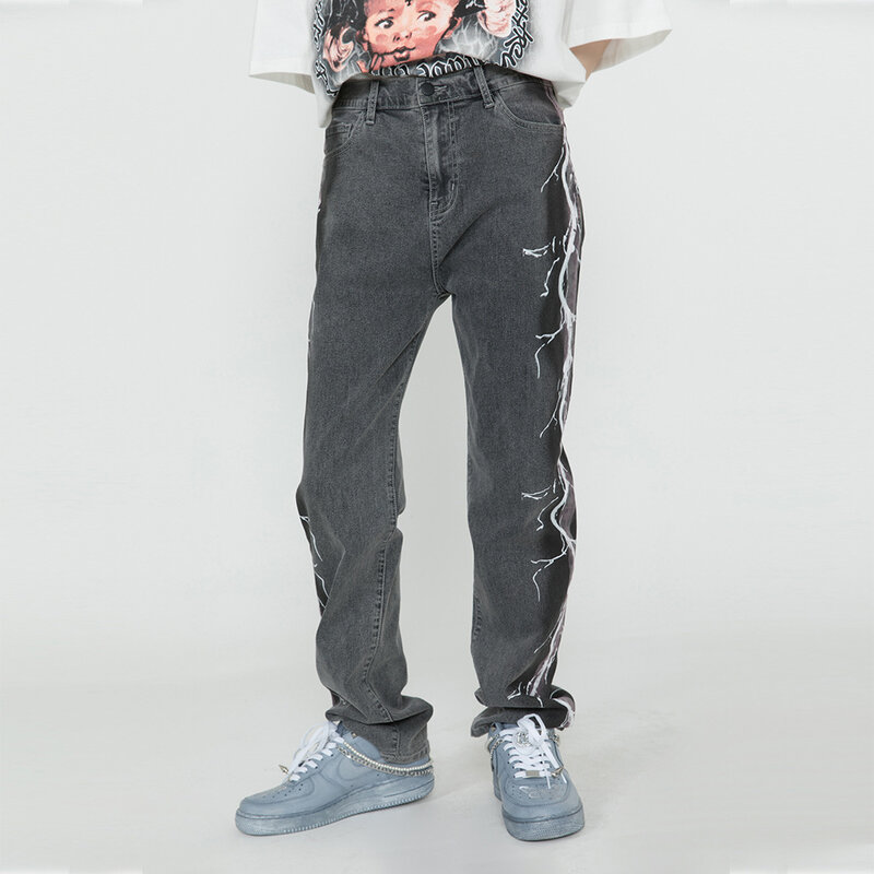بنطلون جينز رجالي عتيق مطبوع عليه برق جانبي أنيق لعام 2021 سراويل جينز ضيقة غير رسمية من الهيب هوب