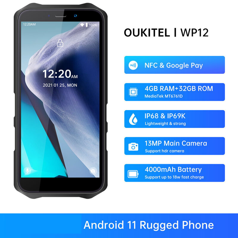 Oukitel WP12 وعرة IP68/69K الهاتف الذكي 4GB + 32GB رباعية النواة Android11 الهاتف المحمول 5.5 ''HD + 500 واط/1300 واط 13MP هاتف مزود بكاميرا 4000mAh