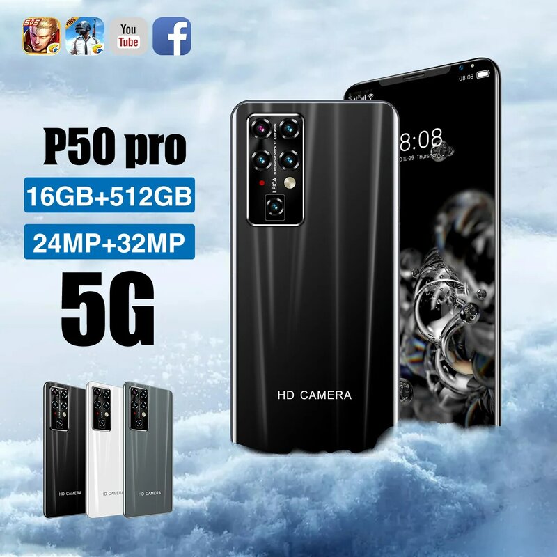 أرخص هاتف ذكي P50 Pro 16GB + 512GB 5.5 بوصة كامل الشاشة الهاتف الذكي 24MP + 32MP كاميرا 5000mAh هاتف محمول الإصدار العالمي