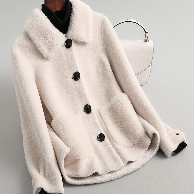 معطف خريفي وشتوي للسيدات من جلد الغنم الحقيقي ، معطف خروف الغنم الحبيبي الأصلي ، ملابس خارجية نسائية غير رسمية دافئة X106