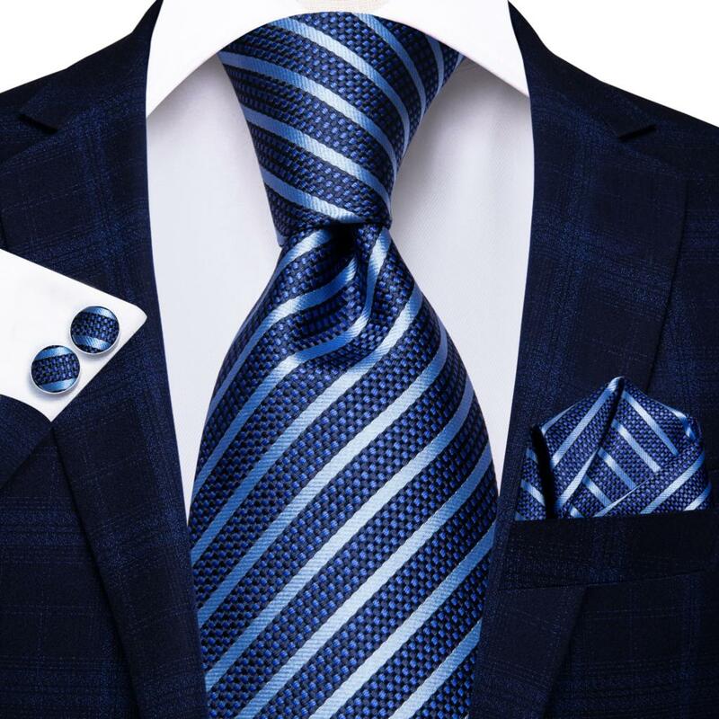 مرحبا التعادل الأزرق الداكن مخطط الصلبة الحرير الرجال الزفاف التعادل هدية ربطة العنق للرجال جودة Hanky زر الكم الأعمال مصمم أزياء الحفلات #4