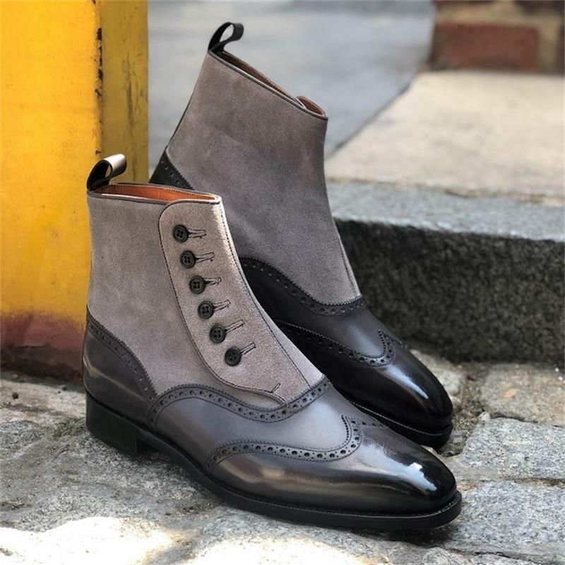 2021 جديد حذاء رجالي موضة الاتجاه الكلاسيكي الأسود بولي Stitching خياطة رمادي الجلد المدبوغ أزرار بروك الجوف كل مباراة حذاء من الجلد KS303