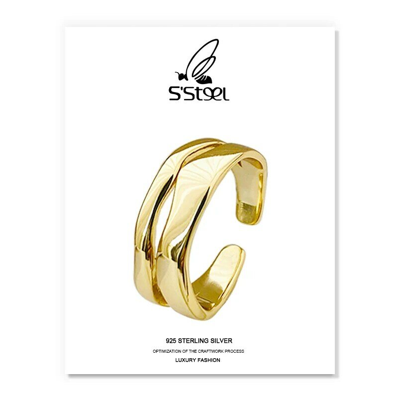 خاتم هندسي من S'STEEL للسيدات عيار 925 من الفضة الإسترلينية على الموضة خاتم مفتوح من الذهب عيار 925 مجوهرات نسائية