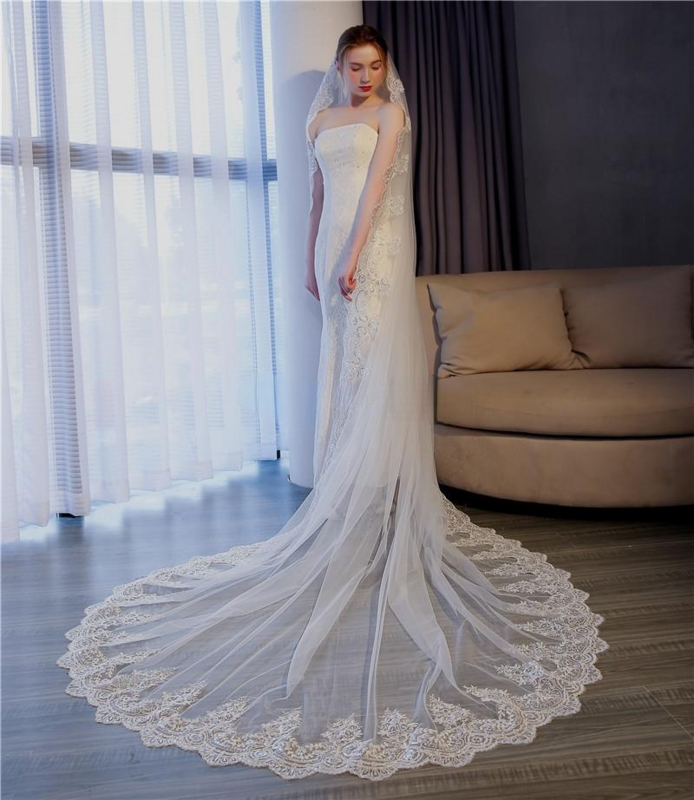 أعلى جودة 3m طويل الزفاف الحجاب الأبيض/العاج حجاب الزفاف لينة تول مع الزهور زين اكسسوارات الزفاف جديد وصول
