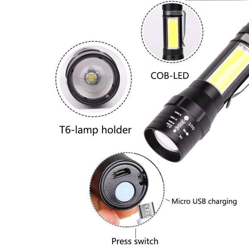 المحمولة مصباح ليد جيب T6 COB مصباح يدوي مقاوم للماء التكتيكية USB قابلة للشحن التخييم ضوء إضاءة فلاش للتقريب ضوء الليل
