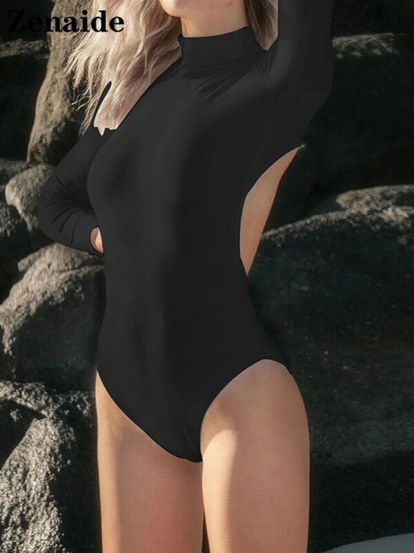 Zenaide موضة صيف 2022 ملابس داخلية مثيرة بدون ظهر للنساء بلوزة سوداء غير رسمية ذات ياقة مدورة وأكمام طويلة ملابس علوية عالية الخصر للجسم
