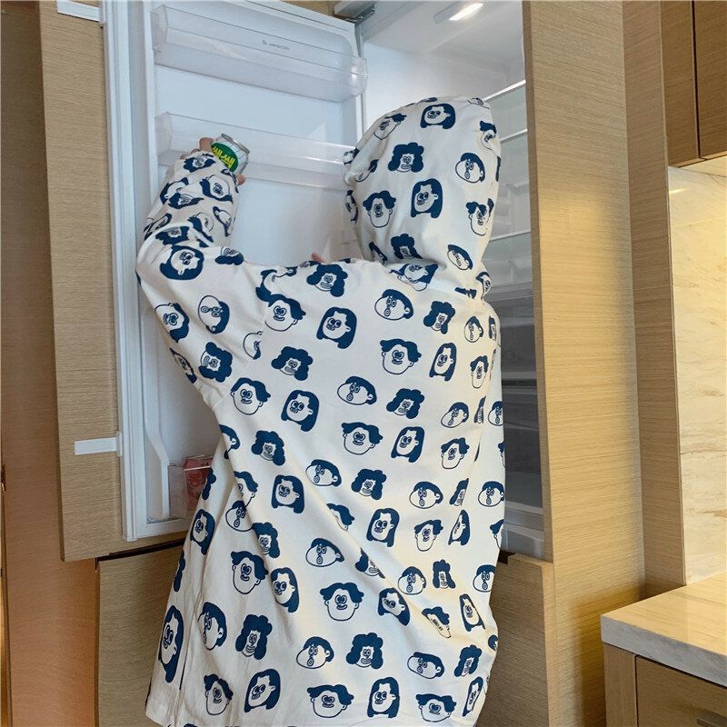 اليابان نمط Hoodie هوديي المرأة Harajuku الكورية طالب وجه الإنسان طباعة قمصان سويت شيرت بقلنسوة مجمع زائد الكشمير القطن الخالص
