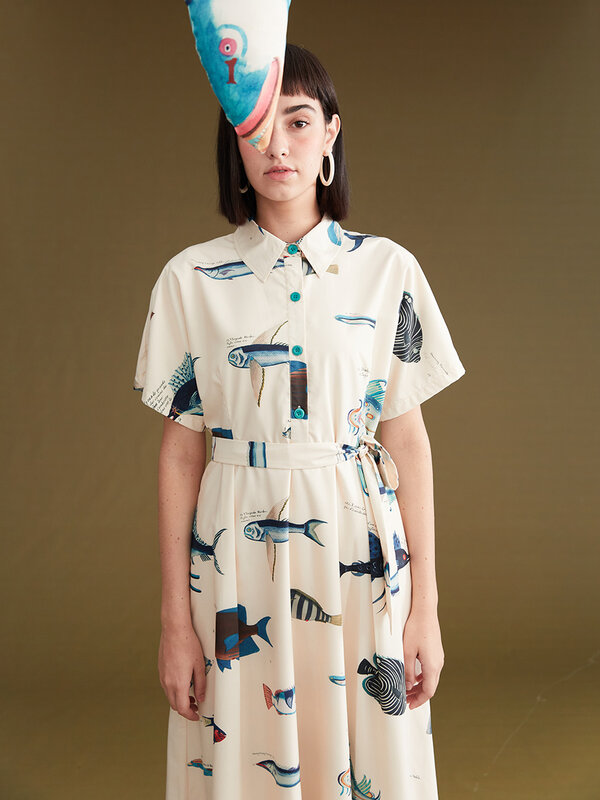 【بيوتيفو】 2023 التصميم الأصلي الصيف المرأة طويلة رائعة الأسماك طباعة فستان مع حزام