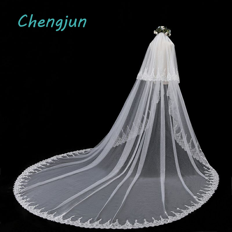 Chengjun-طرحة زفاف رومانسية بطول 3.5 متر ، قماش تول ودانتيل ، مزين بالترتر العاجي ، إكسسوارات زفاف عتيقة