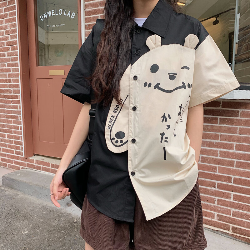 ديبتاون Kawaii الدب قمصان للنساء الكورية الصيف سترة قصيرة الأكمام بلوزة مضحك بلوزات لطيف نمط Preppy Harajuku الملابس