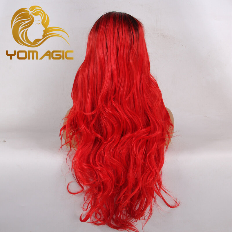 Yomagic طويل موجة الشعر الاصطناعية الدانتيل الجبهة الباروكات للنساء خط الشعر الطبيعي اللون الأحمر الاصطناعية غلويليس الدانتيل الباروكات