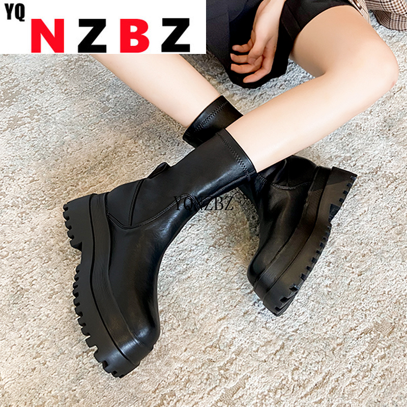 2021 جديد الشتاء موضة أحذية النساء منصة أحذية دافئة منتصف العجل الأحذية حذاء من الجلد سستة الأحذية الجلدية السوداء النساء بوتاس Mujer