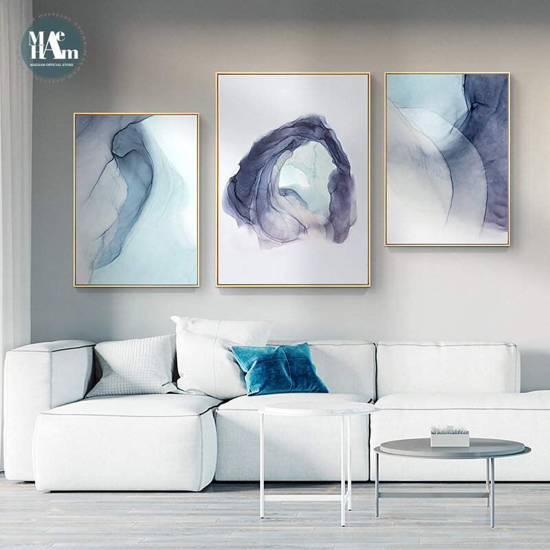 لوحة فنية جدارية مع سحابة زرقاء ، لوحة تجريدية مع نسيج بألوان مائية وخطوط ، ملصق فني ، صورة مطبوعة لتزيين غرفة المعيشة