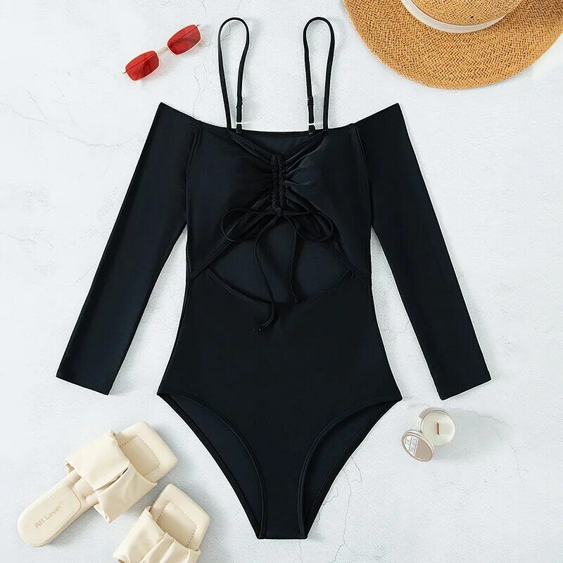 مثير أسود قطعة واحدة ملابس السباحة مع كم طويل بيكيني سيدات ملابس السباحة 2022 جديد الرباط Monokini داخلية لباس سباحة