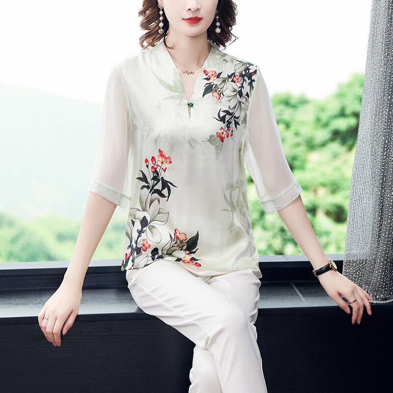 بلوزة حريرية كورية للنساء ، قميص حريري ، مقاس كبير ، أنيقة ، طباعة زهور ، ساتان