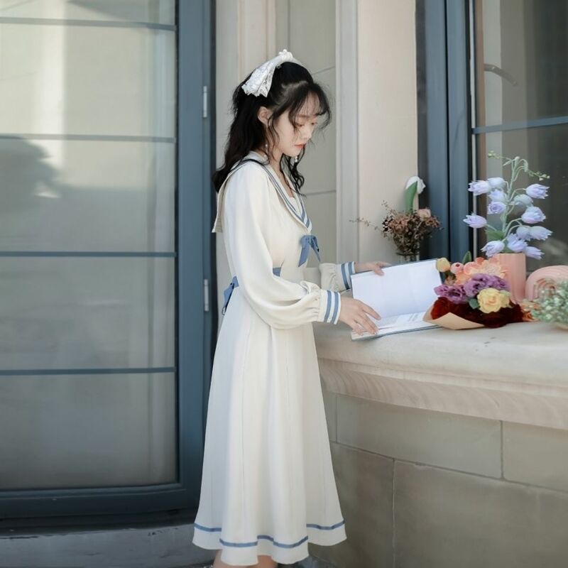 QWEEK كلية بحار طوق فستان أبيض امرأة اليابانية Harajuku Kawaii طويلة الأكمام ميدي فستان زي مدرسي ربيع الخريف 2021