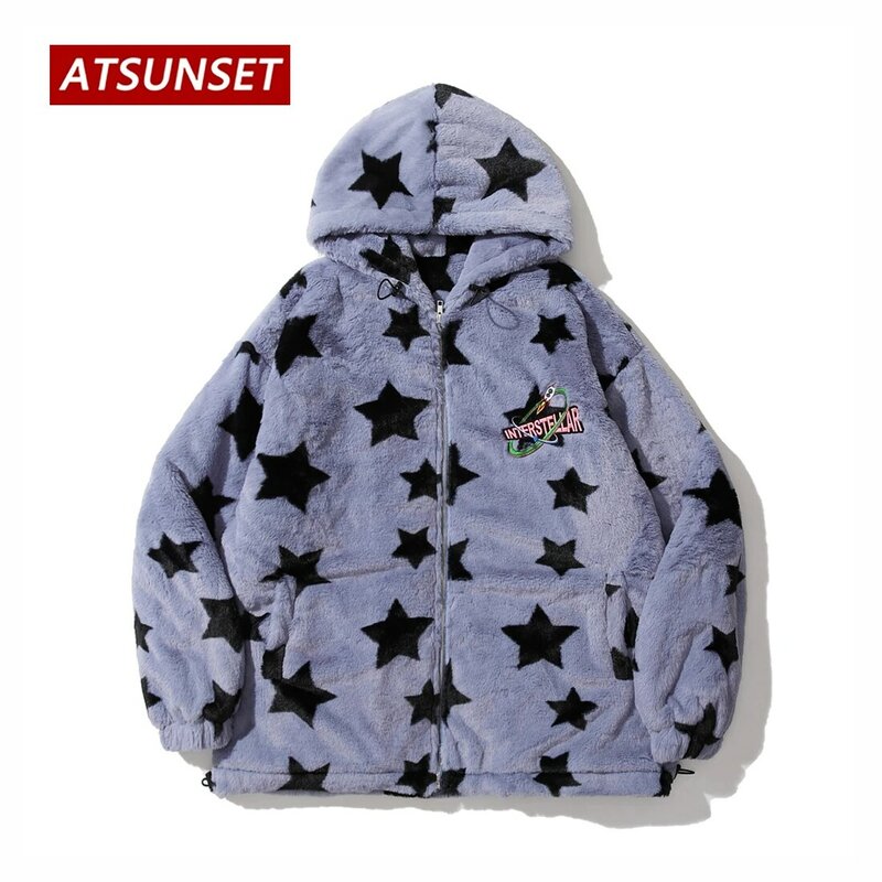 ATSUNSET كامل من النجوم امبسوول معطف القطن مقنعين سميكة الدافئة Harajuku الشتاء سترة عالية الشارع زوجين الشارع الشهير