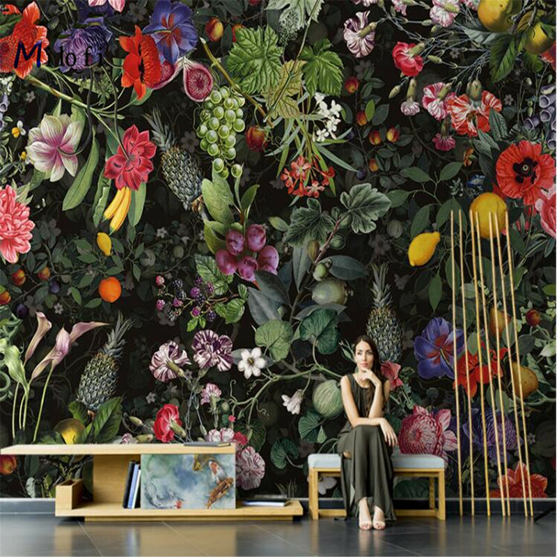 Milofi الأمريكية رسمت باليد حديقة زهرة الفاكهة جدارية أريكة غرفة المعيشة زينة ورقية للجدران خلف التلفاز مخصصة تغطي الجدار