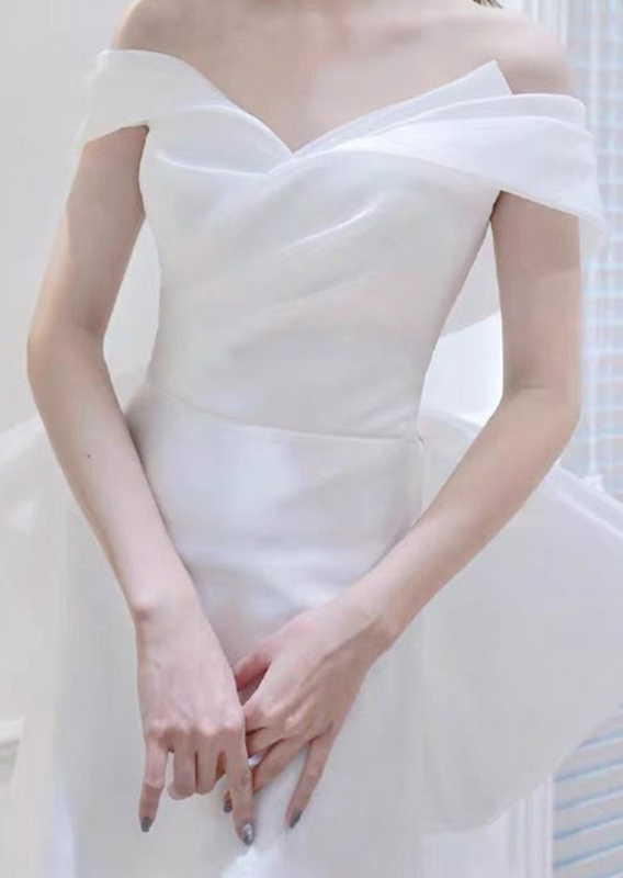 2021 كوريا نمط قبالة الكتف كم قصير الأورجانزا غمد الدانتيل متابعة بسيط عادي فستان الزفاف العروس ثوب Vestidos De Novia