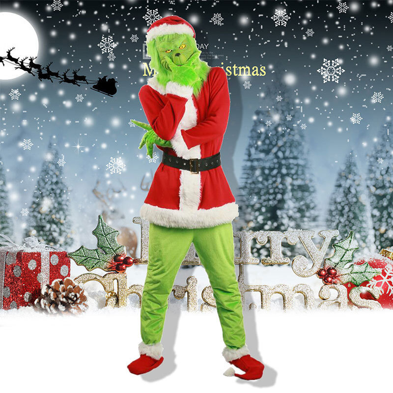 Grinch ازياء للبالغين عيد الميلاد الأخضر الفراء الوحش تأثيري حلي سانتا ملابس عيد الميلاد مع قناع الدعائم