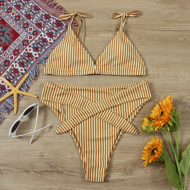 مخطط البيكينيات 2020 امرأة مثلث بيكيني مثير مجموعة ملابس السباحة المرأة 2 قطعة عالية الخصر بيكيني رفع لباس سباحة للنساء