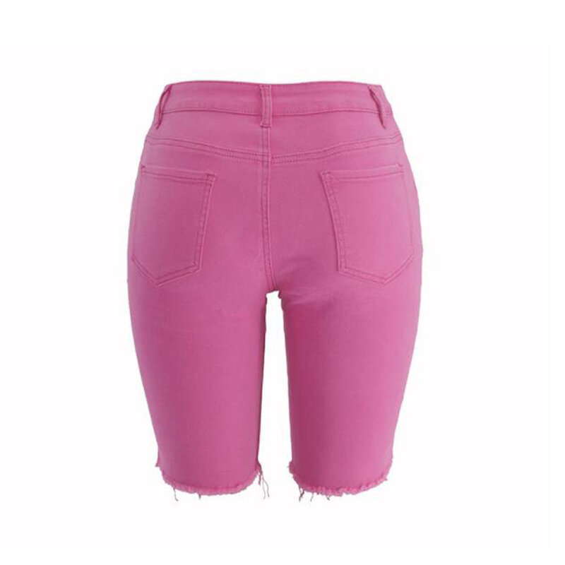 مثير ممزق ممزق الشرابة الدينيم السراويل النساء موضة عالية الخصر عادية خمس نقاط الوردي شورتات جينز الصيف برمودا Mujer