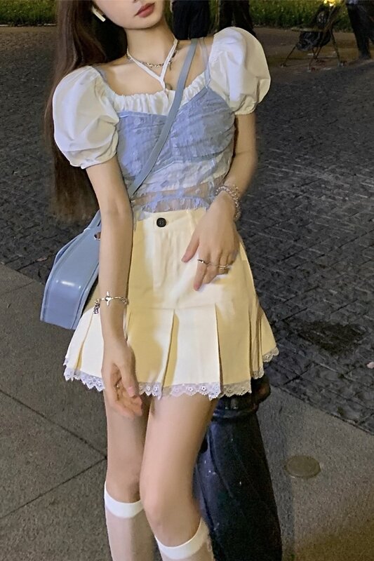 Korean Bubble Sleeve Shirt Vest Square Neck Top Lace Pleated Skirt Set