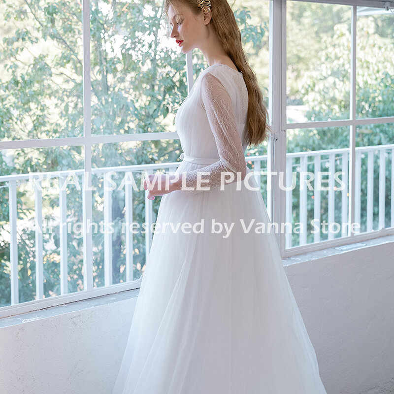 فستان زفاف من التول بأكمام طويلة ، خط A ، مقاس كبير ، مصنوع حسب الطلب ، سحاب ، فستان زفاف رومانسي مع ذيل ، 2021 ، 9124