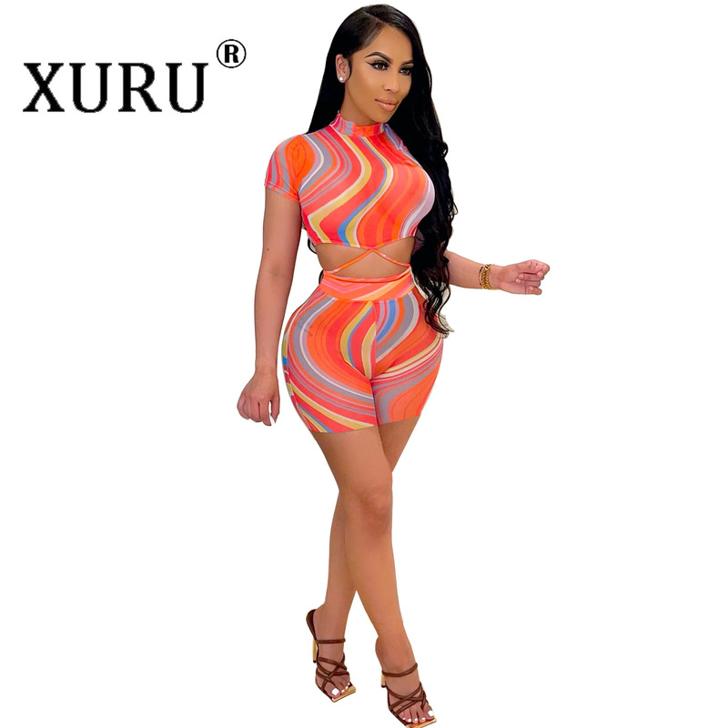 XURU الأوروبية والأمريكية الصيف طباعة بذلة مع الخصر التعادل مثير اللون مخطط بذلة قطعتين المرأة الملابس