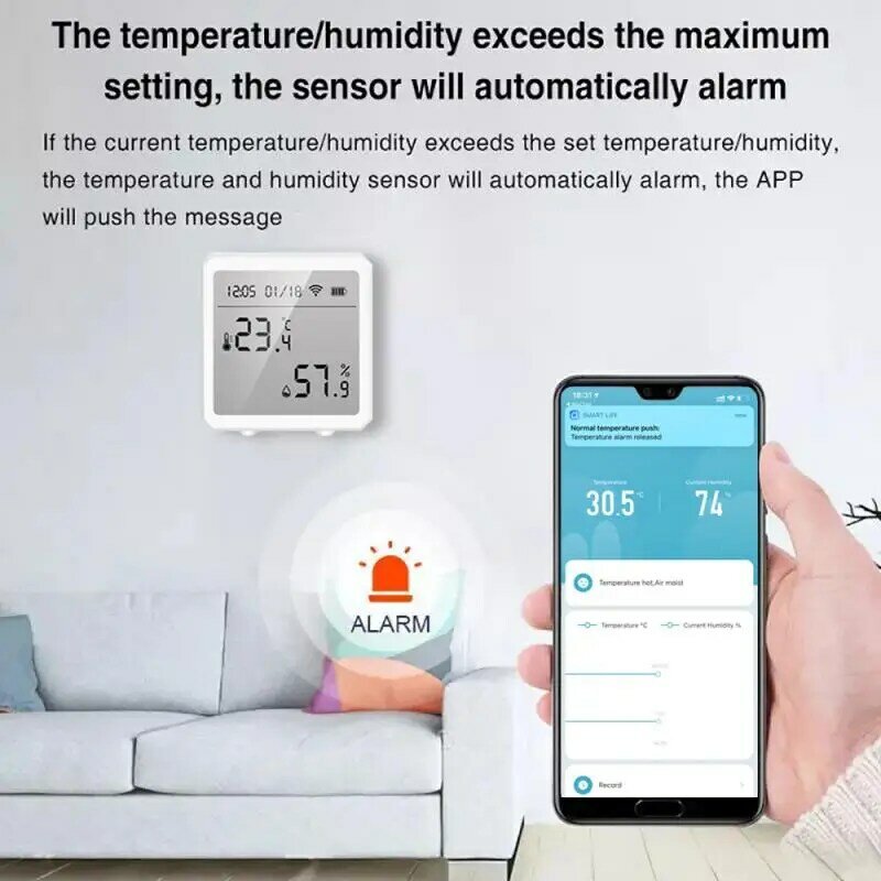 المنزل الذكي شاشة LCD الرقمية كاشف الرطوبة ميزان الحرارة ساعة مكتب تويا واي فاي درجة الحرارة الرطوبة الاستشعار عن أليكسا جوجل